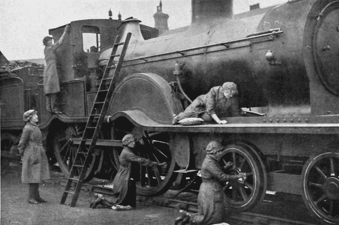 Image of women cleaning a steam locomotive in a railway yard, (National Records of Scotland, HH31/27/51/3)