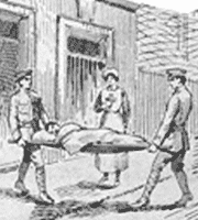 Image shows a drawing of a patient being stretchered from an ambulance (National Records of Scotland reference: BR LIB S/56/63 p.114)