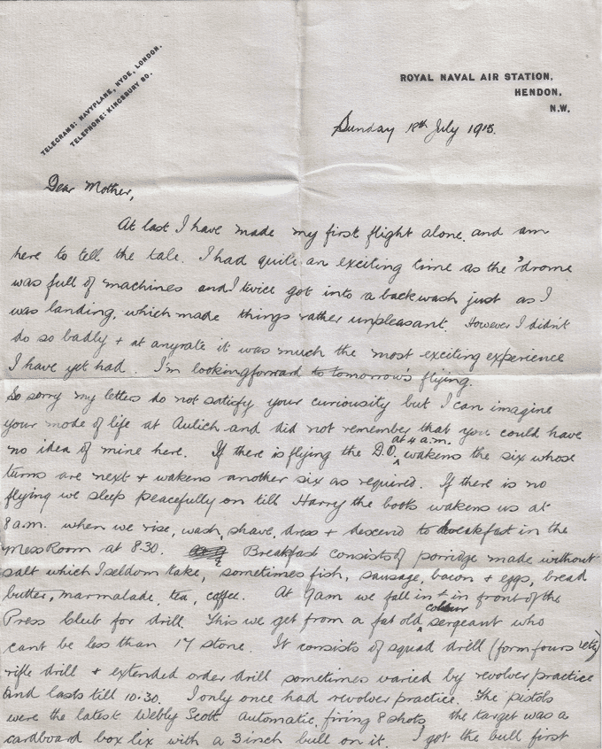 Page 1 of a letter from John Douglas Hume to his mother describing a typical training day at Hendon, July 1915. National Records of Scotland reference: GD486/54