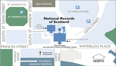 Map showing location of General Register House (east end of Princes Street, opposite the Balmoral Hotel). Please come to the main entrance behind the statue of Wellington.