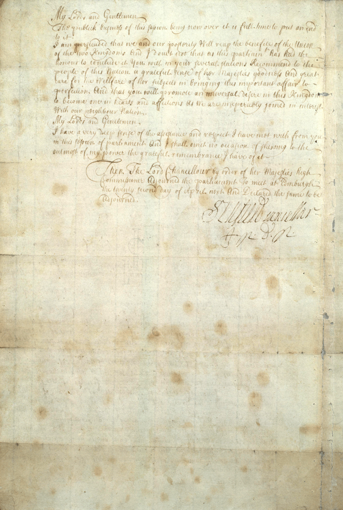 The image shows the last words from the Duke of Queensberry's speech at the closure of proceedings of the Scottish Parliament. National Records of Scotland, Warrants of Parliament, reference PA6/36
